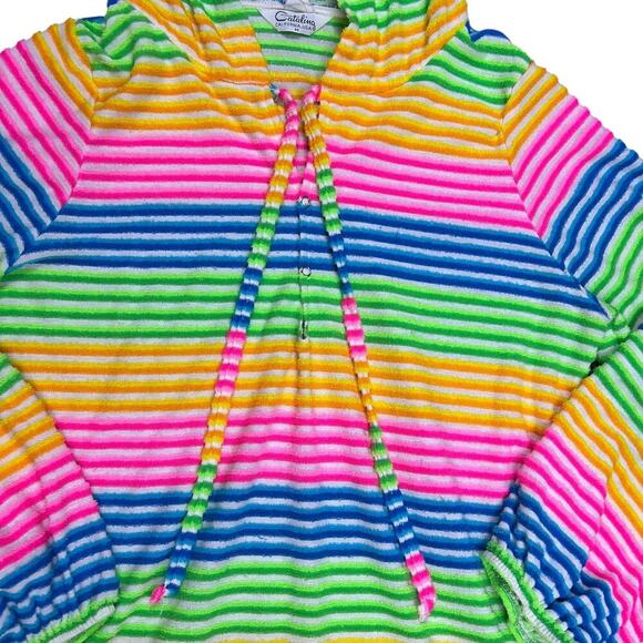 Vintage 70's Rainbow Striped Hoodie Terrycloth Beach Coverup Medium Catalina Top - Picture 7 of 9